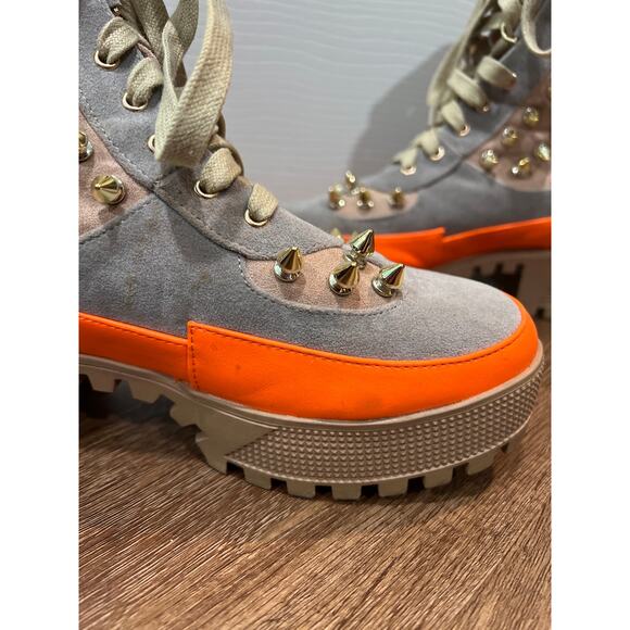 Cape Robbin Jadey Spike Studs Combat Neon Grey Suede Boots Women's 7 - Picture 10 of 11